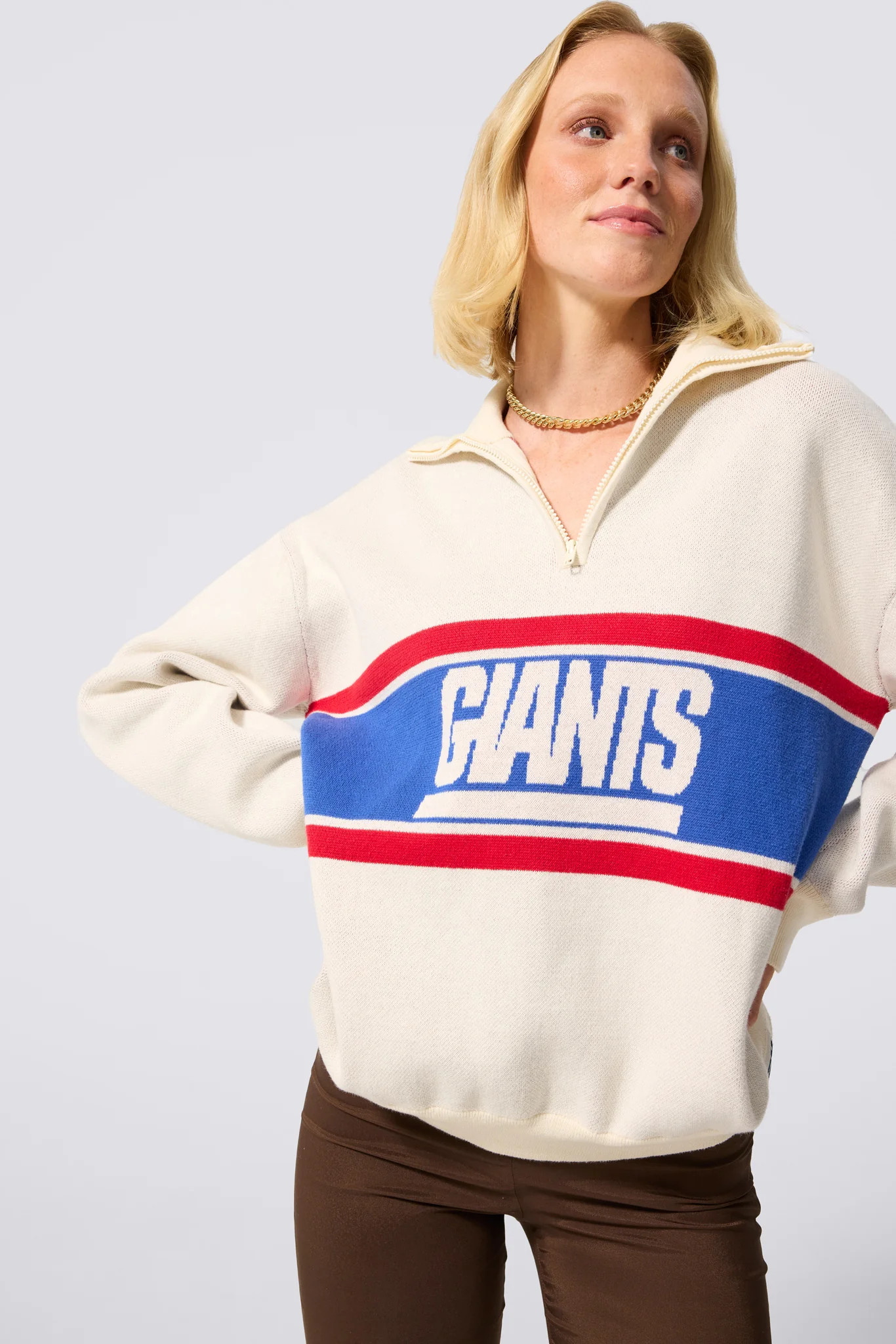 NY Giants Logo Stripe Quarter Zip Sweater in Sugar Swizzle | Terez