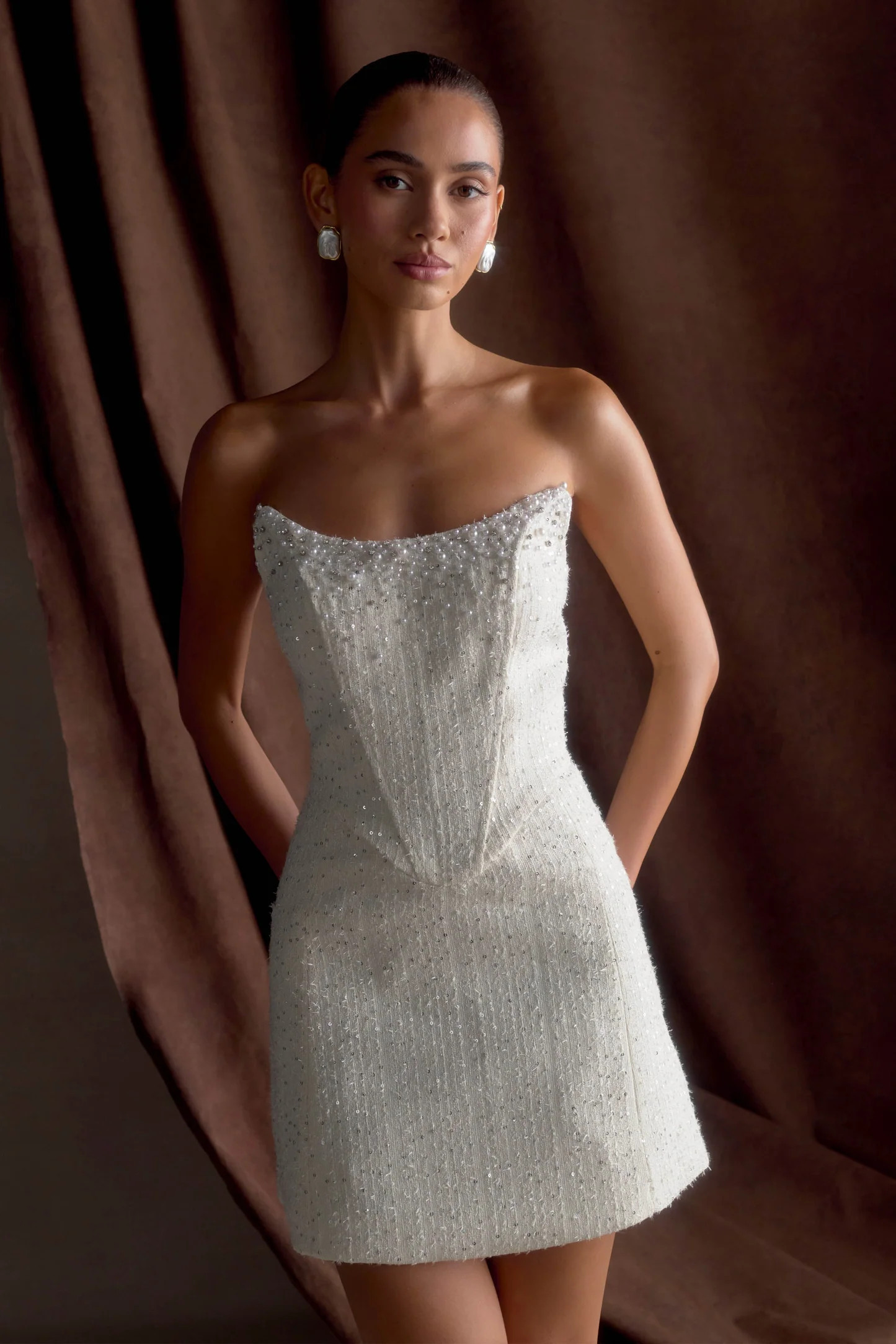 Lorrie Tweed Corset Mini Dress - White | MESHKI US