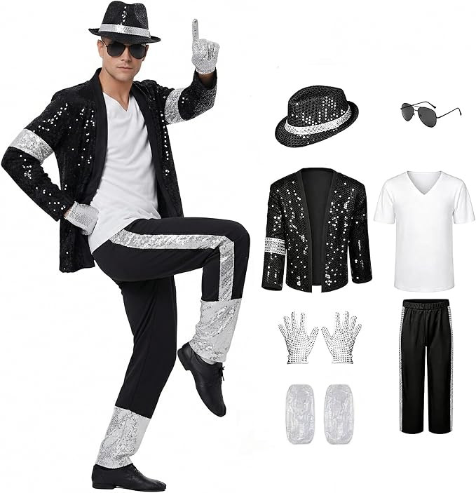 Dance Star Costume for Men 80s 90s Pop Stage Outfits 7 Pcs Retro Dance Disco Suit for Adults Stag... | Amazon (US)