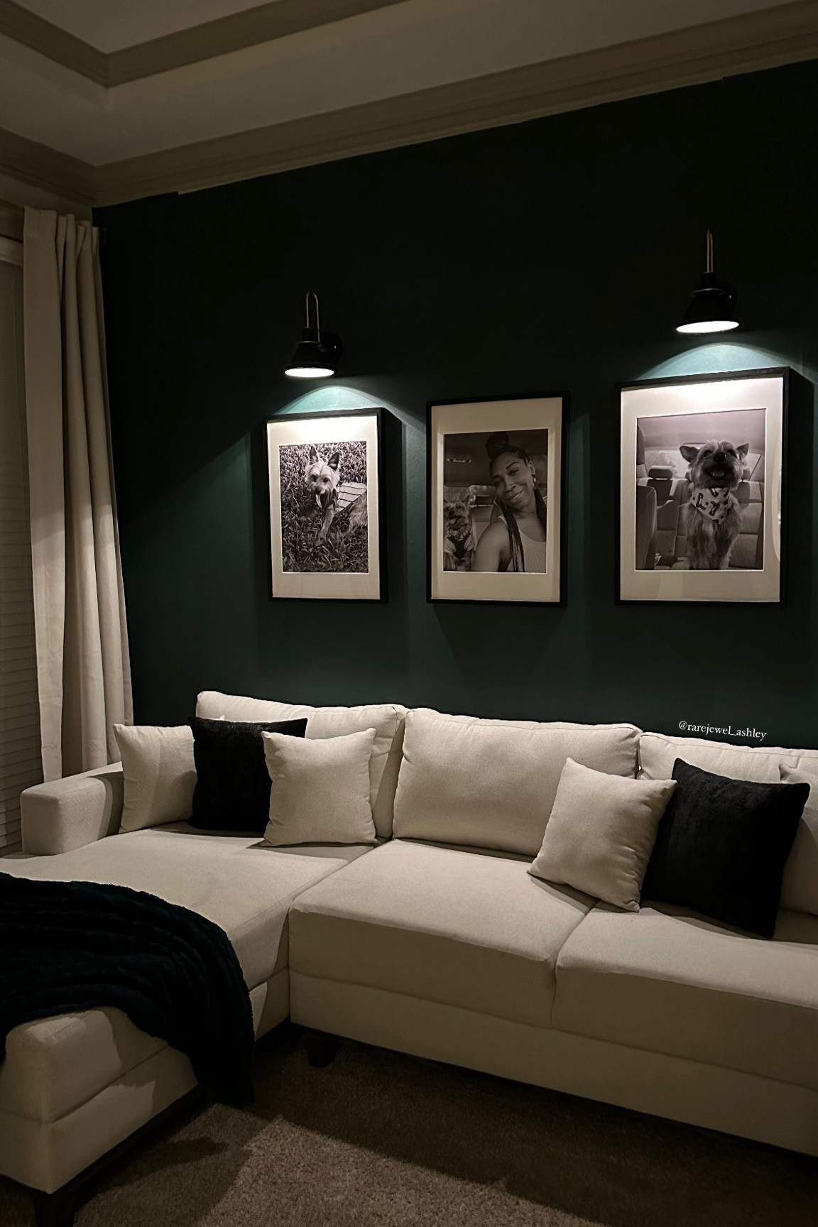 Okay….remember my living room project I was working on. Here’s the FINAL look! 💚

-WALL PAPER: I put up wall paper instead of painting. Self adhesive, it’s not the water and stick version.

-CANDID PHOTOS: Printed candid photos of my dog and I to add to my “family” portrait wall. Prints were printed from Wal-Greens from my cell phone. 

-WALL SCONES: Added battery operated wall sconces. I ordered 2 sets and each set came with remote controls. 

-CURTAINS: are amazing quality! They’re black out version. 

-COUCH: Bel-Furniture
 (my couch is actually a sectional. There’s another end of the chaise that I put in another room due to living room size. 

#homedecor #decor #diy #home #family #interiordesign #wallscones #familyroom #lotd #livingroom #livingroomdecor #photowall #familypotraitwall #trending 

#LTKfamily #LTKhome #LTKstyletip