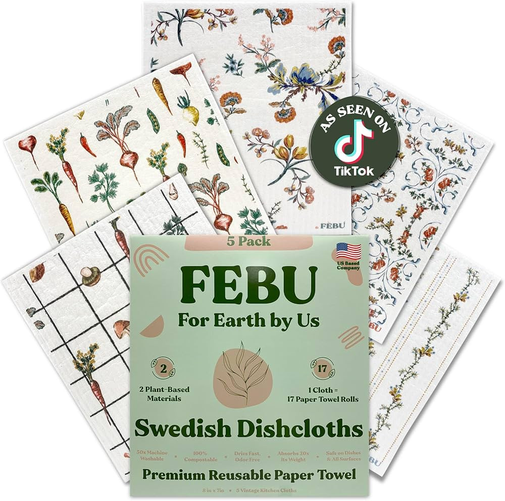 FEBU Swedish Dishcloths 5 Pack Reusable Paper Towels Swedish Dish Towels Cellulose Sponge Cloths | Amazon (US)