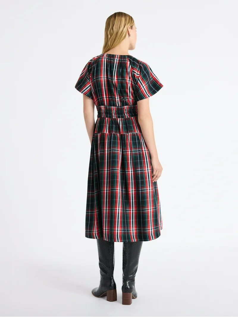 Free Assembly Women's and Women's Plus Cotton Smocked Waist Midi Dress with Flutter Sleeves, Size... | Walmart (US)