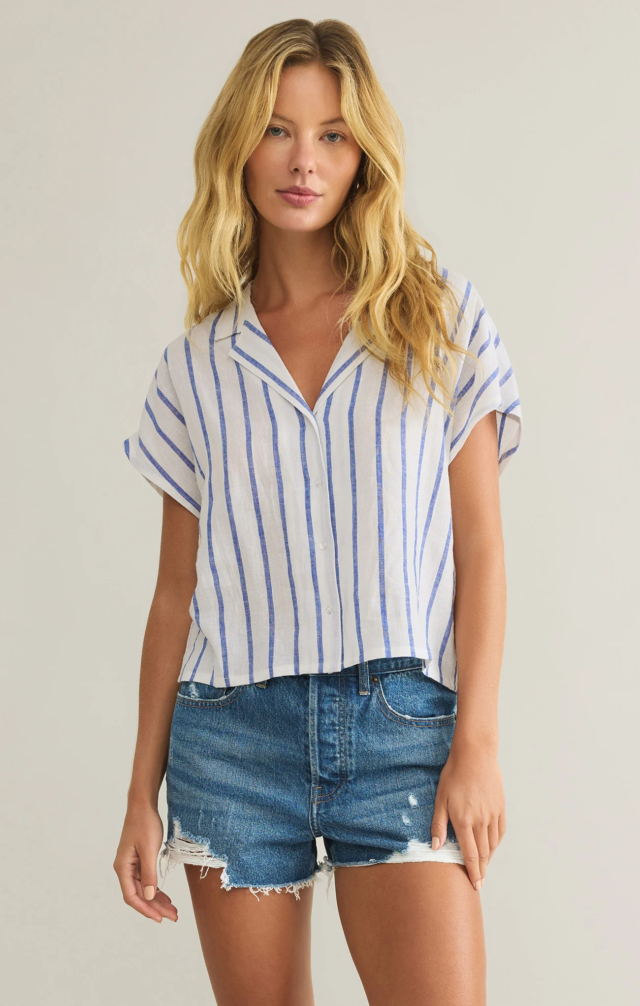 Z SUPPLY Women's Parallel Striped Linen Top, Palace Blue, Extra Large | Z Supply