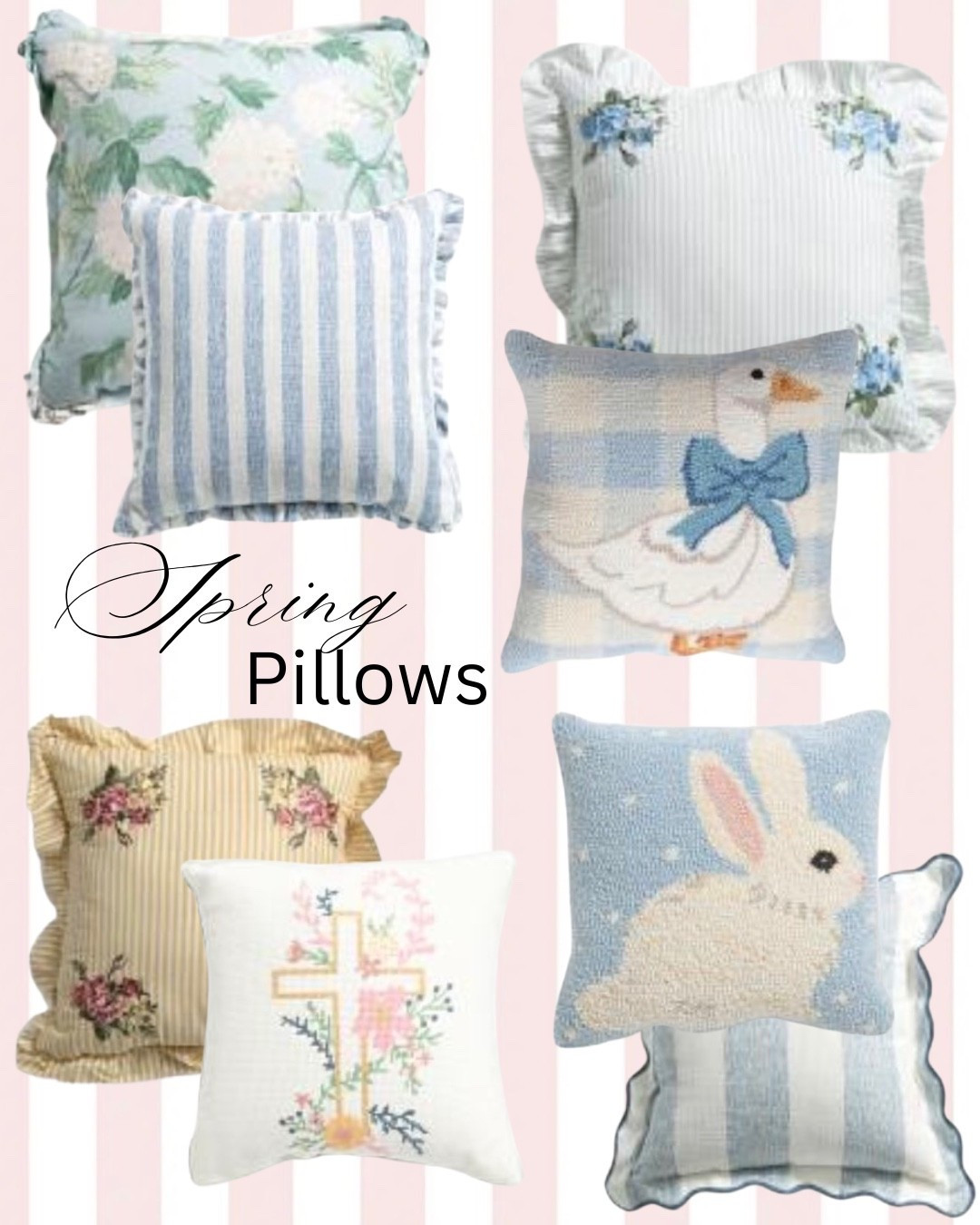 Affordable Spring and summer throw pillows. Mix and match bunnies,stripes,crosses and hydrangeas for a collected home favorites.

#springdecor #springhome #cottagestyle #bunnydecor #easterdecor #needlepointpillows#LTKSpringSale

#LTKHome