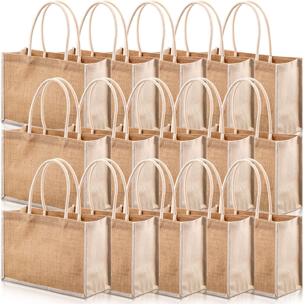16 Pack Jute Tote Gift Bags Natural Jute Grocery Shopping Bags Burlap Beach Bags with Cotton Hand... | Amazon (US)
