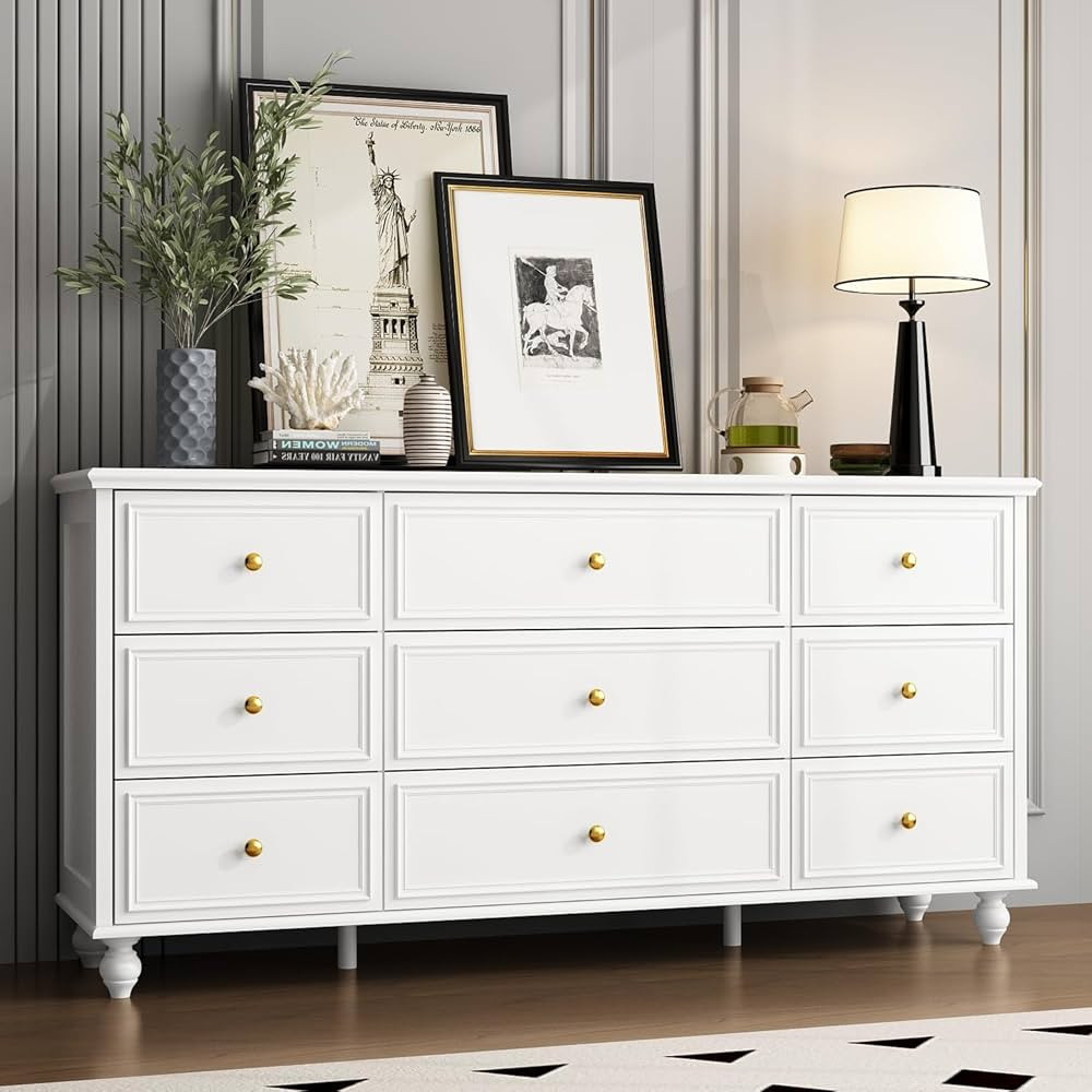 White Dresser 9 Drawer Dresser, Wood Bedroom Dresser, Chest of Dressers for Nursery Storage, Draw... | Amazon (US)