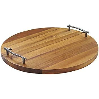 American Atelier Round Wooden Tray - Natural Finish Metal Twig Designed Handles Coffee Tea Dinner... | Amazon (US)