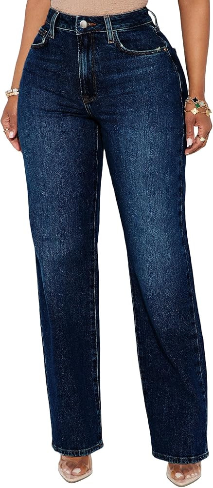 BessCops Straight Leg Jeans for Women High Waisted Wide Leg Stretchy Loose Denim Pants | Amazon (US)