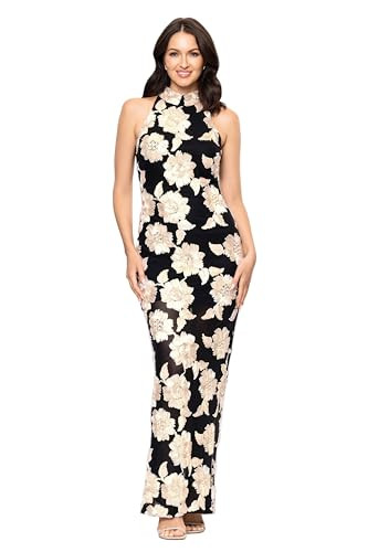 Betsy & Adam Women's Lace Halter Neck Floral Embroidered Floor Length Dress, Black/Champagne, 10 | Amazon (US)