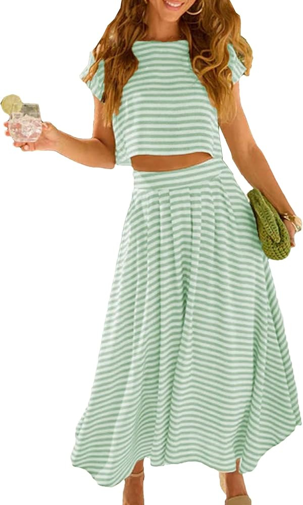 Zontroldy Women's Summer 2 Piece Outfits Striped Skirt Sets Cap Sleeve Crop Top Midi Dress Matchi... | Amazon (US)