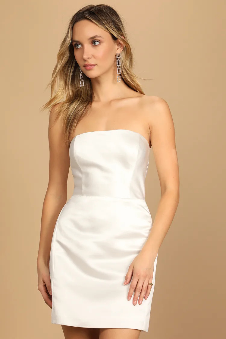 Soiree Hour White Satin Strapless Bow Mini Dress | Lulus
