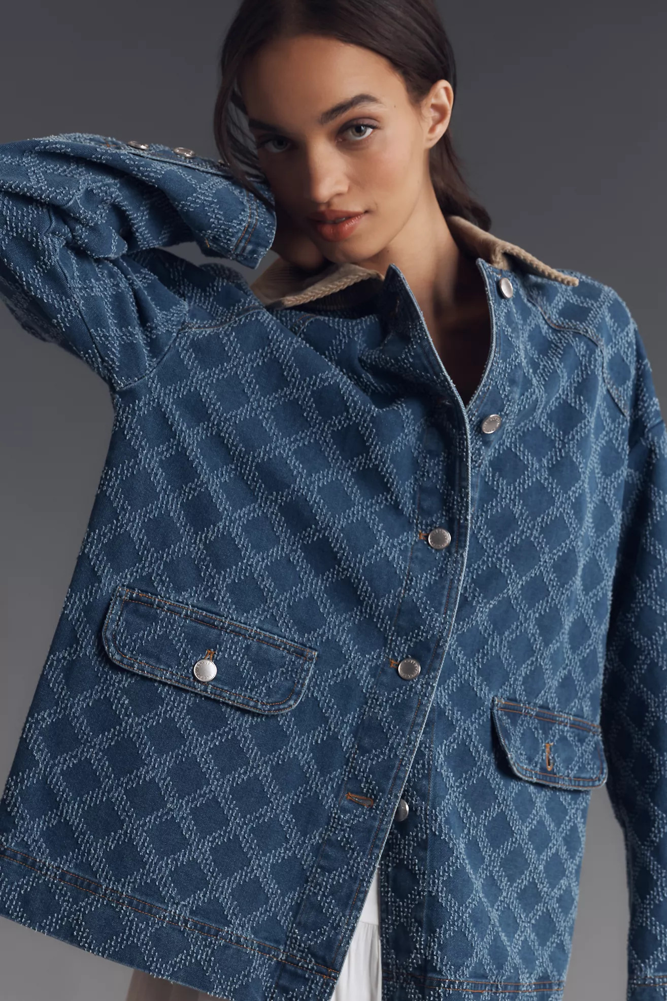 Avec Les Filles Diamond-Pattern Denim Barn Jacket | Anthropologie (US)