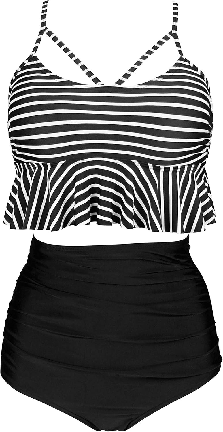 COCOSHIP Women's Retro Boho Flounce Falbala High Waist Bikini Set Chic Swimsuit(FBA) | Amazon (US)