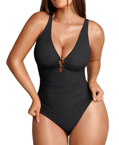FeelinGirl One Piece Swimsuits Tummy Control Women's One-Piece Swimsuits with Deep V Neck Design Slimming Swimwear for Women Vacation Swimwear Black L | Amazon (US)