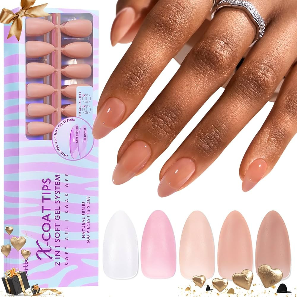 BTArtbox Soft Gel Nail Tips Almond, 600PCS 5 Colors XCOATTIPS Natural Pre-applied Tip Primer Cove... | Amazon (US)