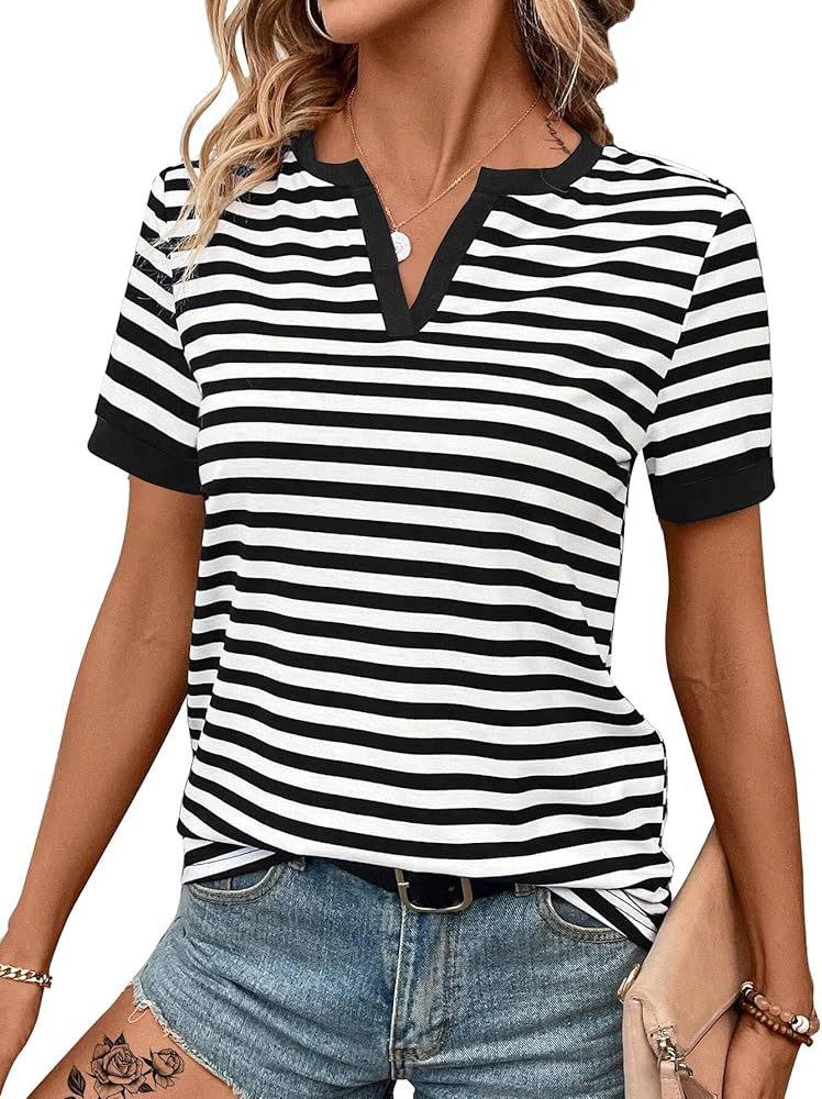 LilyCoco Women's Striped Shirt Short Sleeve Color Block Tops Notched Neck Summer Tee | Amazon (US)