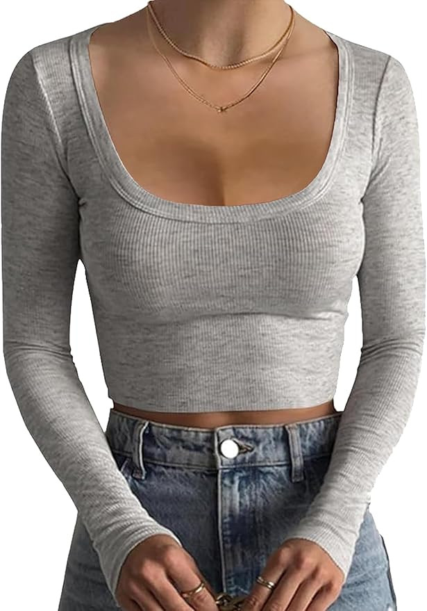 iGENJUN Women's Square Neck Long Sleeve Ribbed Slim Fitted Casual Long Sleeve Shirts Basic Crop T... | Amazon (US)