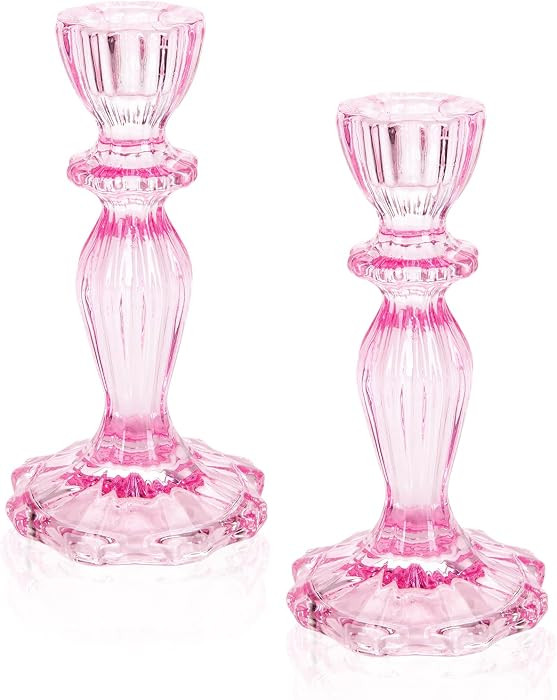 Glass Candle Holders, 2PCS Decorative Candle Stand Wide Base Candlestick Holder Table Centerpiece... | Amazon (US)