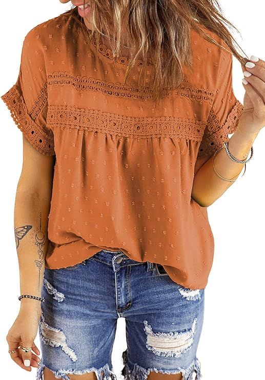 Dokotoo Womens Summer Tops Crewneck Lace Crochet Short Sleeve Shirts Casual Chiffon Blouses | Amazon (US)