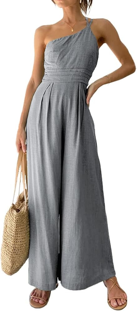 PRETTYGARDEN Women's Summer One Shoulder Strap Jumpsuits Casual High Waist Wide Leg Pleated Rompe... | Amazon (US)