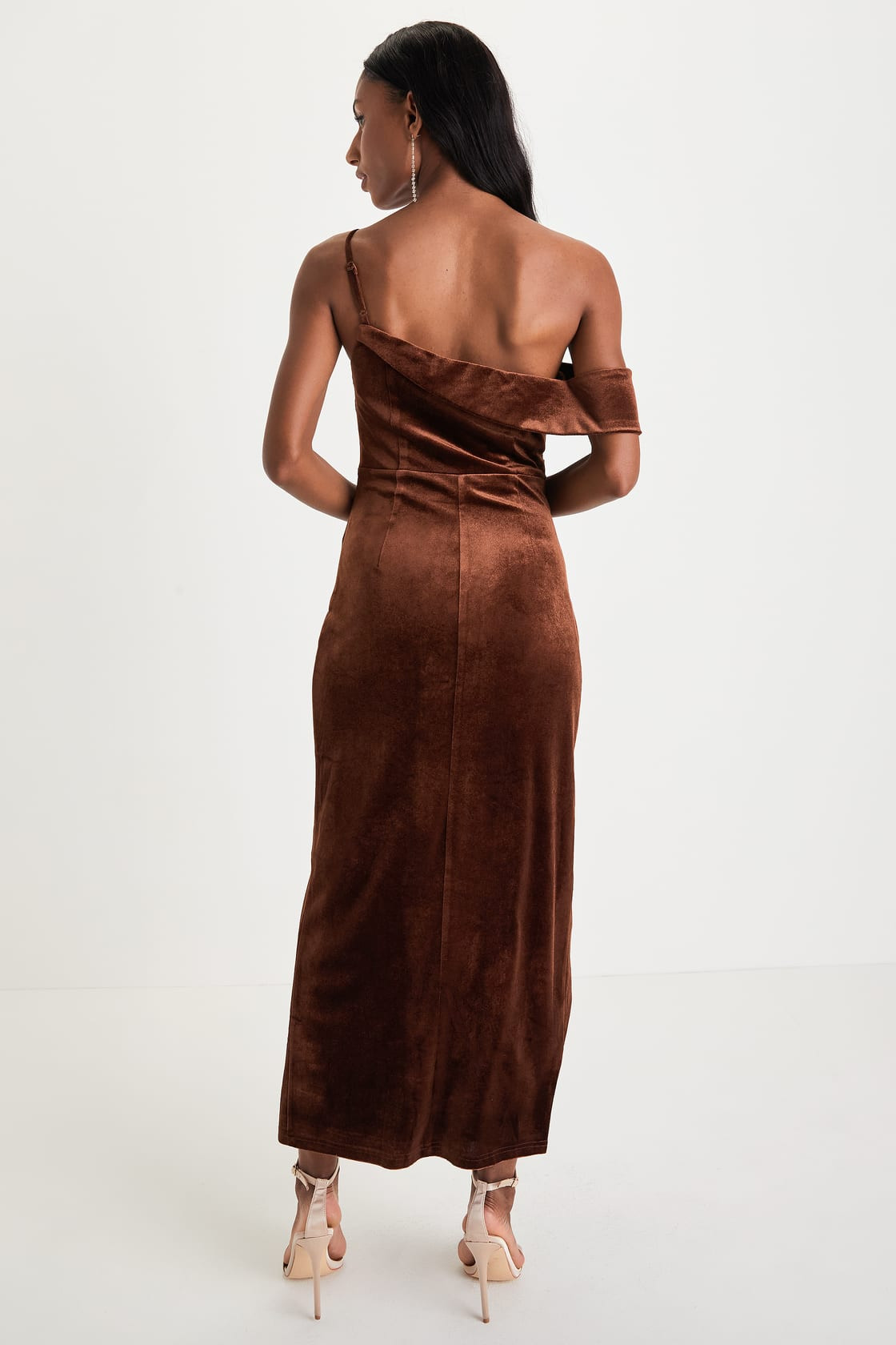 Showing Off a Little Brown Velvet Asymmetrical Tulip Midi Dress | Lulus