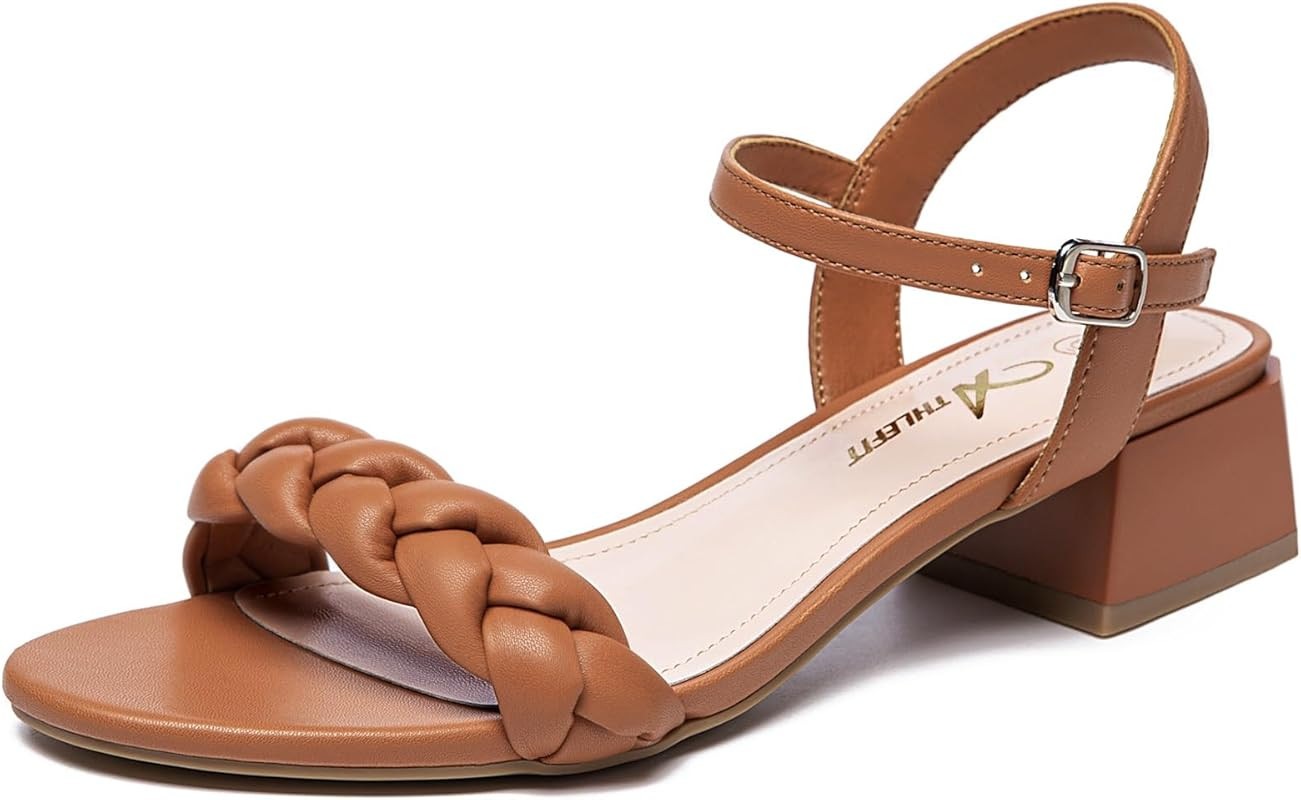 Athlefit Women's Braided Low Block Heels Open Toe Ankle Strap Chunky Heel Sandals Dress Pump Shoe... | Amazon (US)