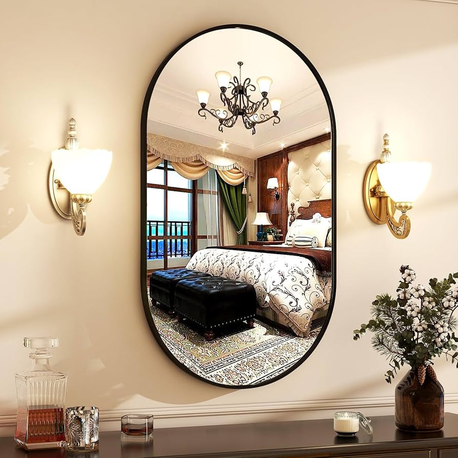 22" x 38"Oval Bathroom Mirror Wall Mounted Chic Brushed Metal Frame Hang Vertically & Horizontall... | Amazon (US)