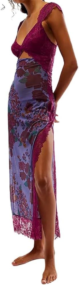 Sexy Lace Trim V Neck Long Dress Mesh Patchwork Going Out Maxi Dresses Backless Slim Fit Casual N... | Amazon (US)