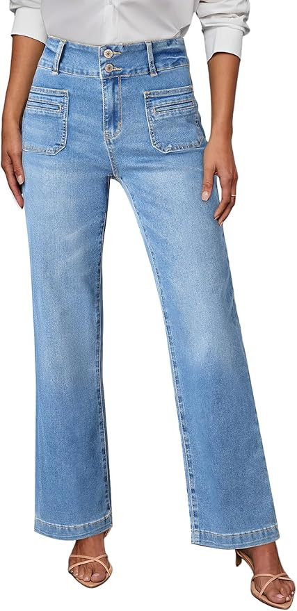 Sidefeel Women's Wide Leg Jeans High Waisted Tummy Control Stretchy Pockets Front Straight Leg Je... | Amazon (US)