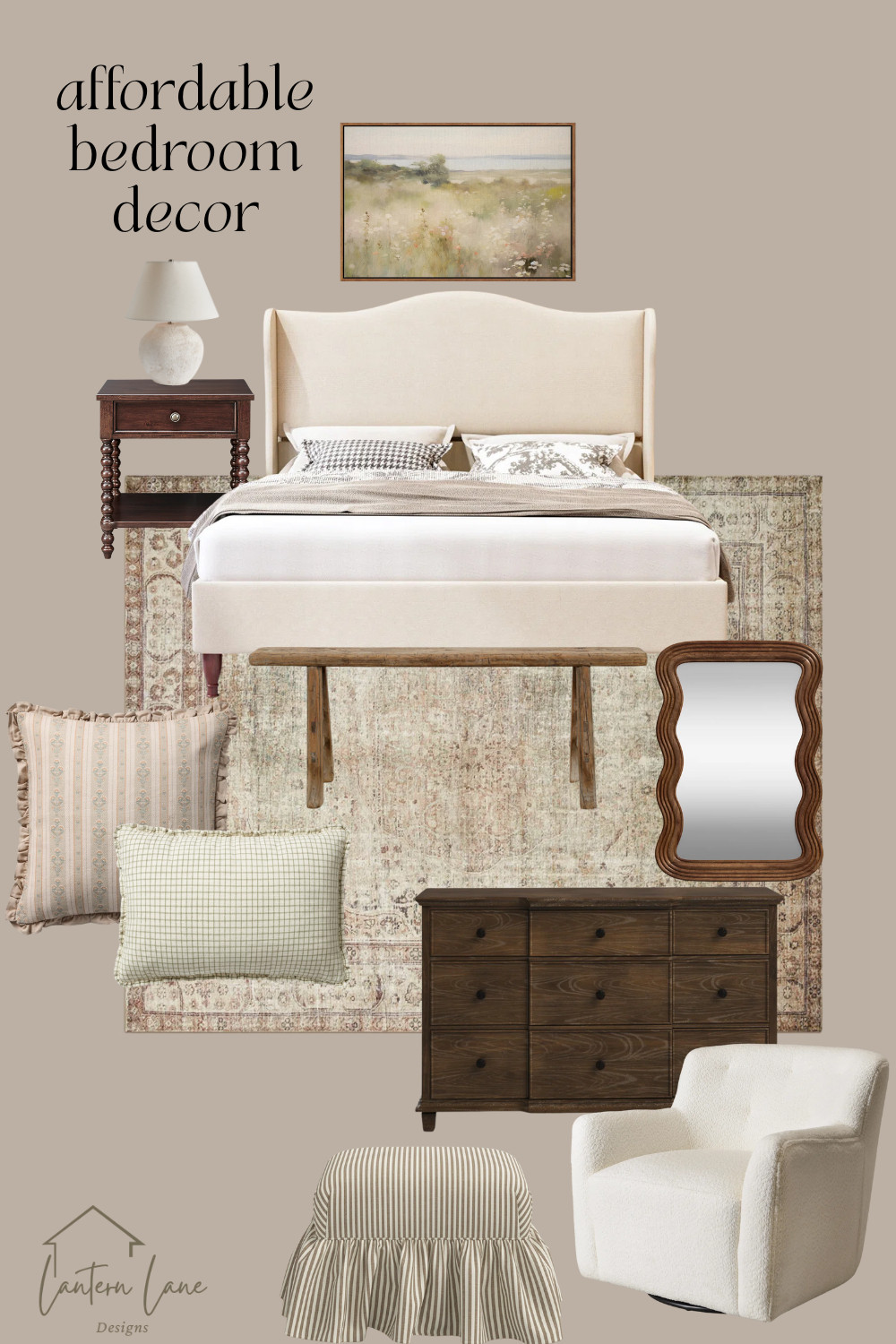 Affordable bedroom decor, vintage style, upholstered headboard, bedroom decor, ruffled ottoman, ruffled pillow, designer pillow, look for less accent chair,vintage style, lighting, bedroom lighting,  framed art 

 #LTKHome #LTKSaleAlert