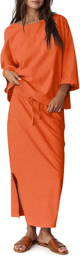 Tankaneo Womens 2 Piece Skirt Sets Oversized 3/4 Sleeve Top and Maxi Skirt Fall Matching Outfits ... | Amazon (US)