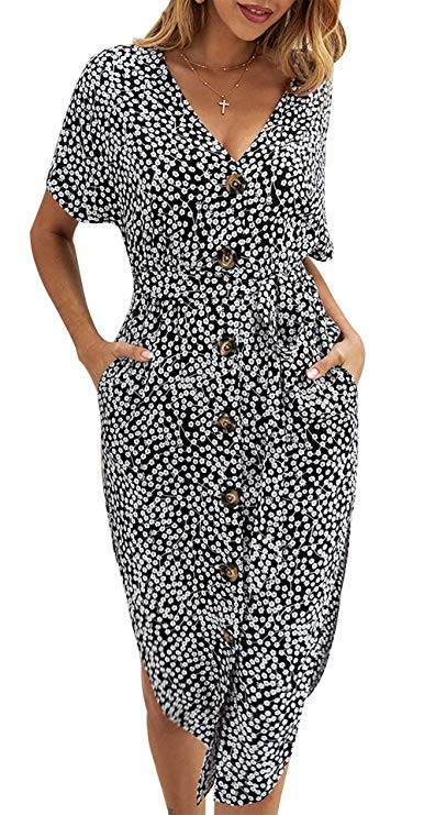 BTFBM Women V Neck Short Sleeve Button Stylish Floral Print Two Side Split Casual Belt Dress with... | Amazon (US)