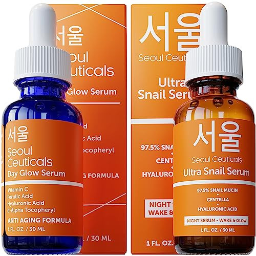 SeoulCeuticals Korean Skin Care Day & Night Serum Set - Potent Vitamin C Day Serum + Korean Snail Night Serum With Hyaluronic Acid + Centella + CE Ferulic for K Beauty Glow | Amazon (US)