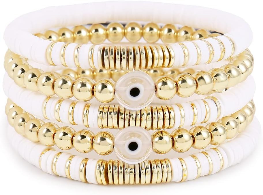 Colorful Beaded Stretch Bracelets Set for Women Smile Blue Evil Eye Polymer Summer Beach Jewelry ... | Amazon (US)