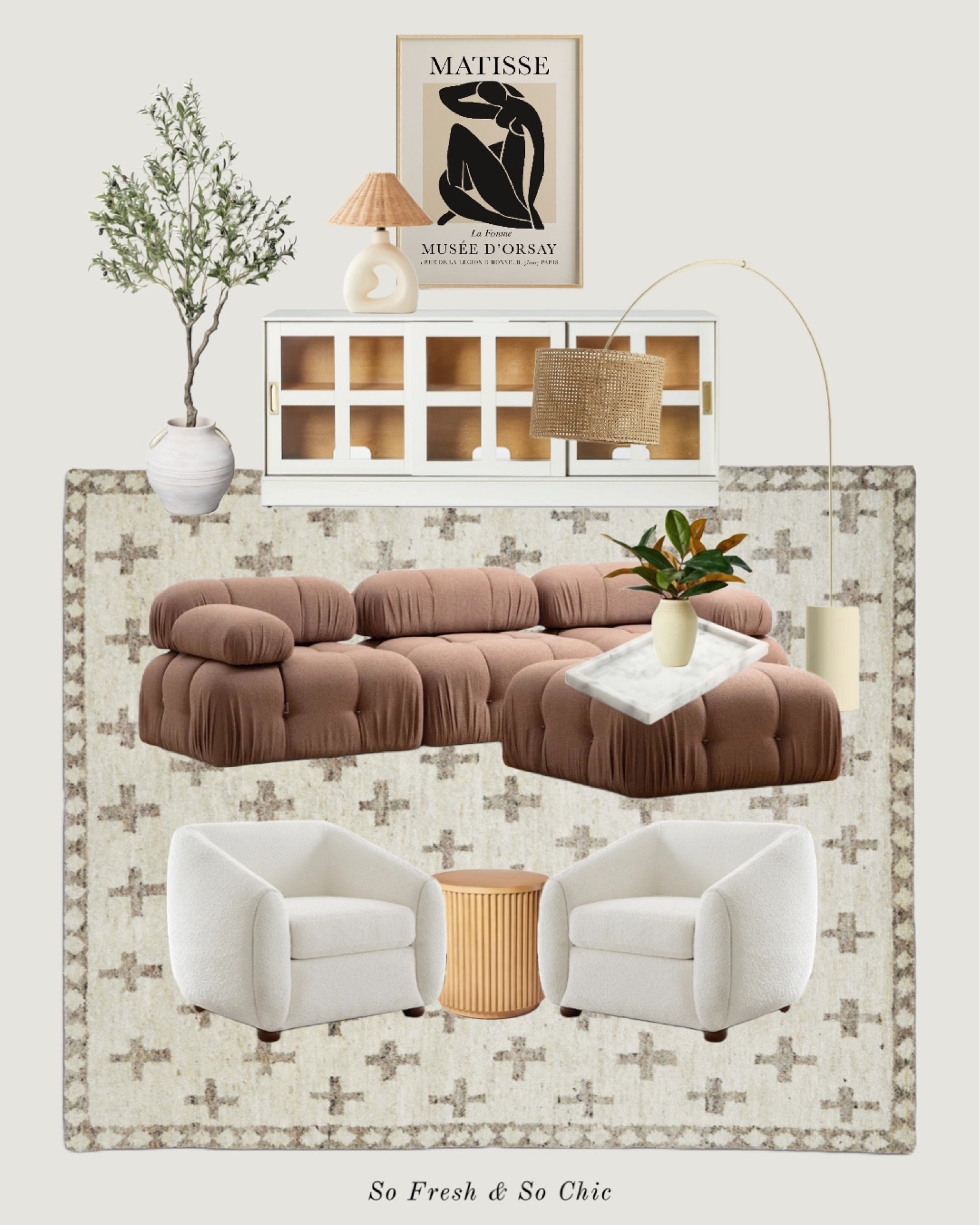 Warm Scandinavian living room.
-
High low decor - living room furniture - promontory sliding glass door cabinet white - arched floor
Lamp rattan shade - fluted wood round accent table - curved back
Boucle ivory arm chairs - tufted brown sofa - faux olive tree - matisse art print - neutral plus sign rug - sculptural table lamp white with rattan shade - urban outfitters - Amazon home - target studio mcgee - Wayfair - living room sale 

#LTKunder100 #LTKhome #LTKsalealert