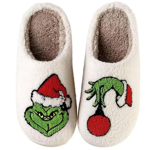 RaepperHan Christmas Reindeer Slippers for Women Men, Christmas Tree Red Moose Santa Claus Winter Slippers, Soft Plush Comfy Warm Fuzzy Slippers Christmas Gifts, Grin_a, 8.5-9.5 Women/7-8 Men | Amazon (US)
