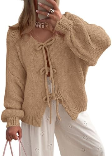 PRETTYGARDEN Women's Tie Front Bow Cardigan Sweaters Chunky Knit Long Puff Sleeve Trendy Fall Win... | Amazon (US)