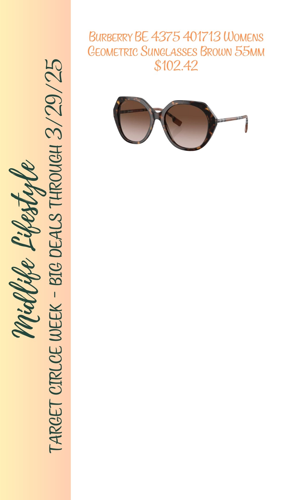 Elevate your look with Burberry BE 4375 Women's Geometric Sunglasses – just $102.42! 

A chic and timeless addition to any outfit, shop now during Target Circle Week, now through 3/29/25. 

#TargetStyle #LTKSale #BurberrySunglasses

#LTKSaleAlert #LTKStyleTip
