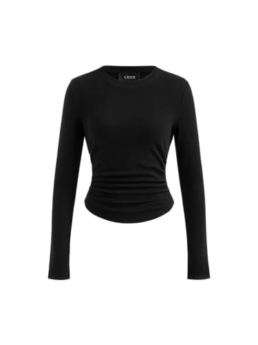 CIDER Long Sleeve Tops for Women Thermal Shirts Crew Neck Ruched Basic Fall Top Slim Fitted Casual Tee Shirt: Black, M | Amazon (US)