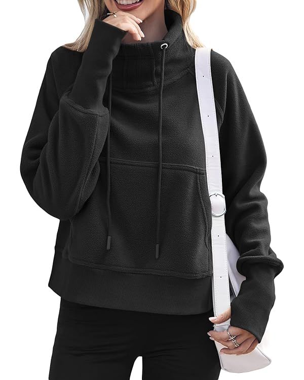 Fisoew Fleece Sweatshirts for Women Crop Fall Long Sleeve Turtle Neck Pullover Jacket Thumb Hole | Amazon (US)