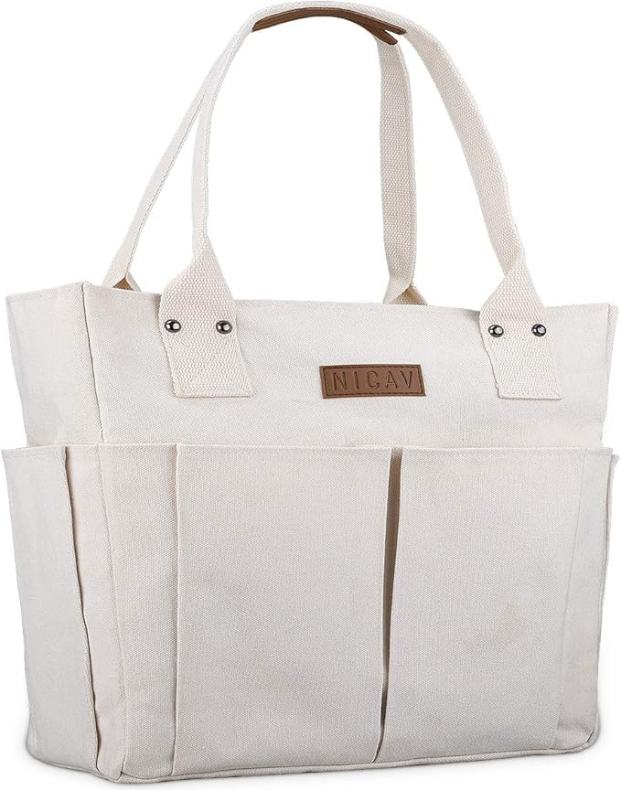 NICAV Canvas Tote Bags for women, Large Work Tote Bags with Pockets Zipper | Amazon (US)