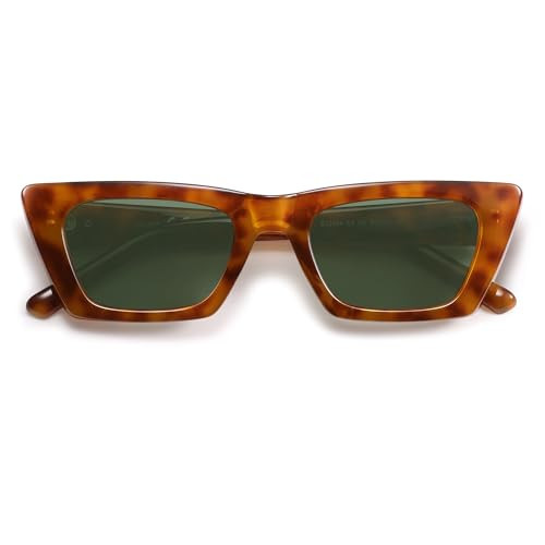 SOJOS Trendy Rectangle Cateye Polarized Sunglasses Womens Mens, Retro Small Narrow Flat Top Sunnies SJ2354, Orange Tortoise/Green | Amazon (US)