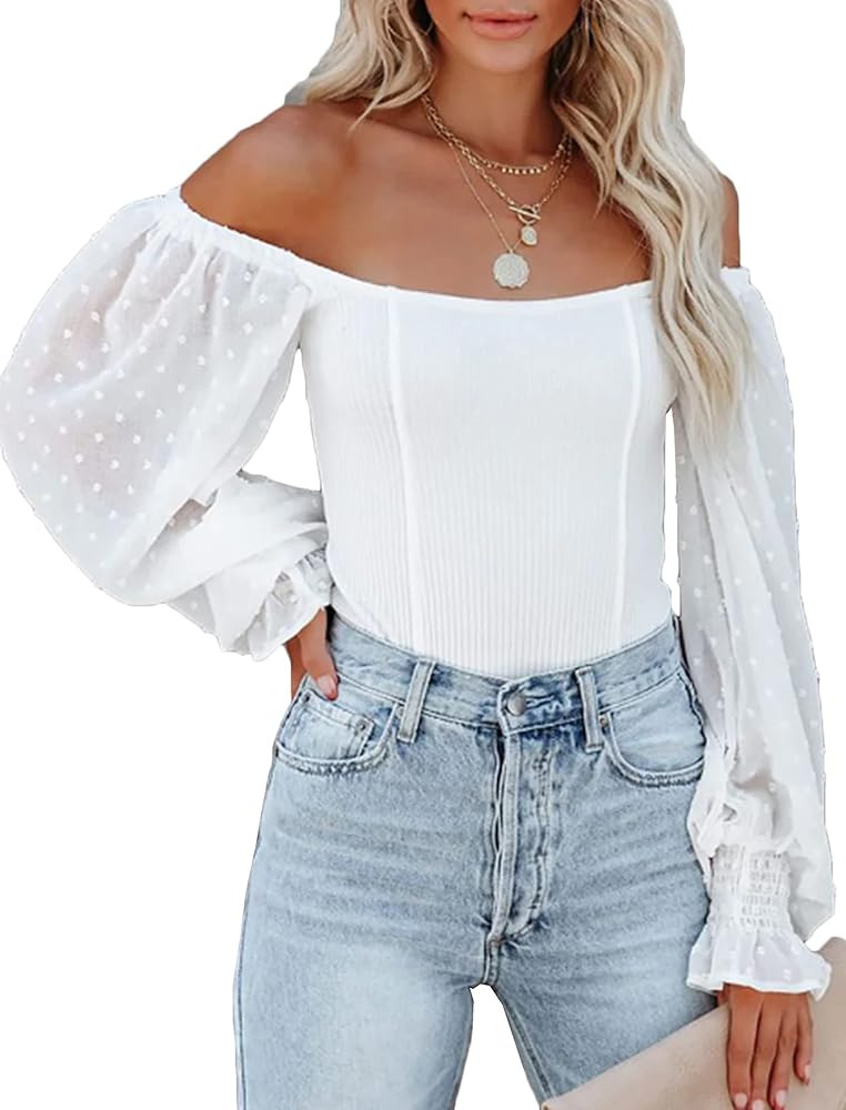 Hotouch Womens Sexy Off Shoulder Tops Long Sleeve Polka Dot Tops Cute Ribbed Square Neck Blouse S... | Amazon (US)