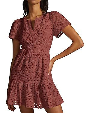 PRETTYGARDEN Womens 2024 Summer Short Dress V Neck Short Sleeve A Line Hollow Out Lace Ruffle Cut... | Amazon (US)