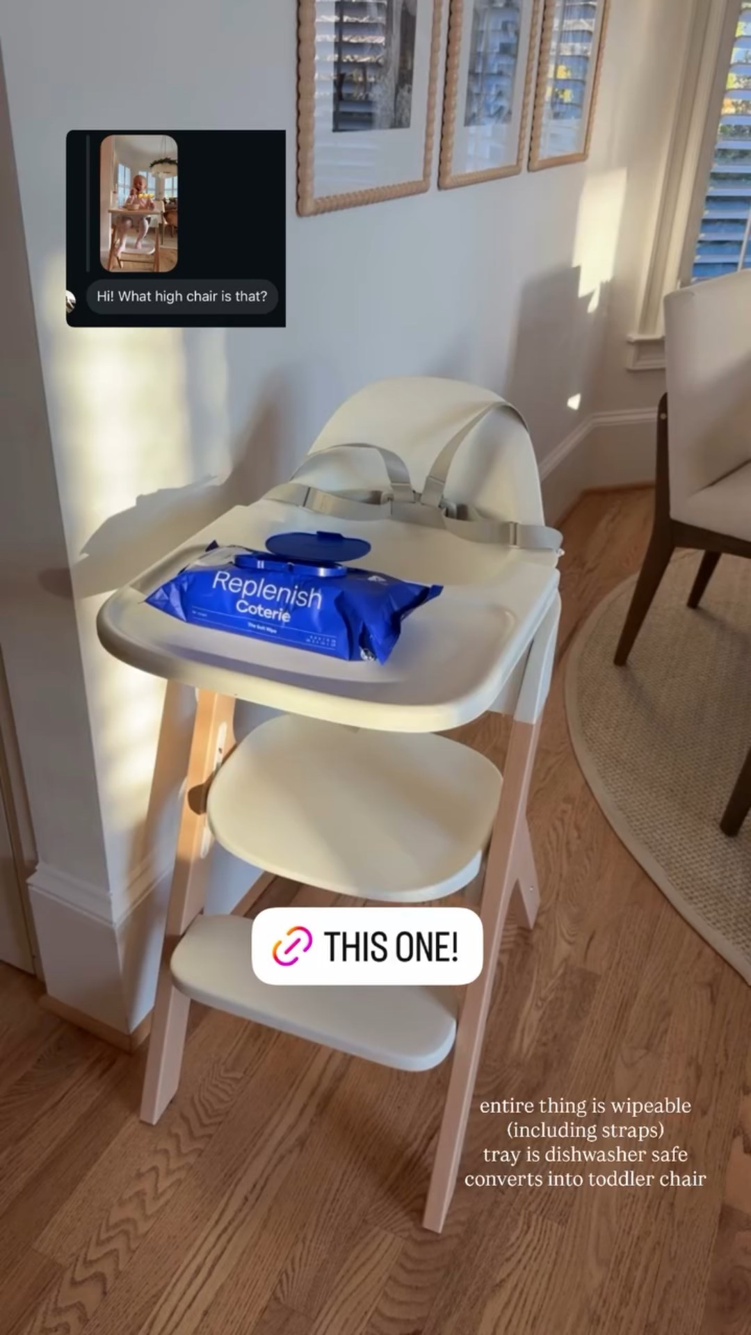 entire thing is wipeable 
(including straps)
tray is dishwasher safe 
converts into toddler chair
 @hello_mockingbird