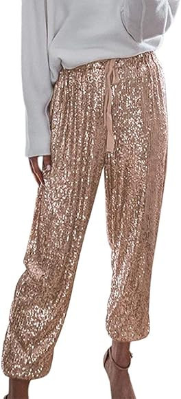 ALLUMK Womens Black Sequin Bling Legging Joggers Pencil Pants with Drawstring | Amazon (US)