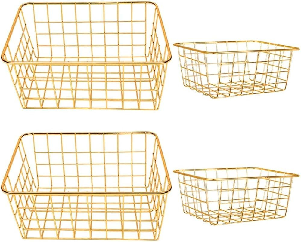 4 Piece Gold Wire Basket Set - Storage, Decor, Crafts, Kitchen Organizing, Great for Closets, Cab... | Amazon (US)