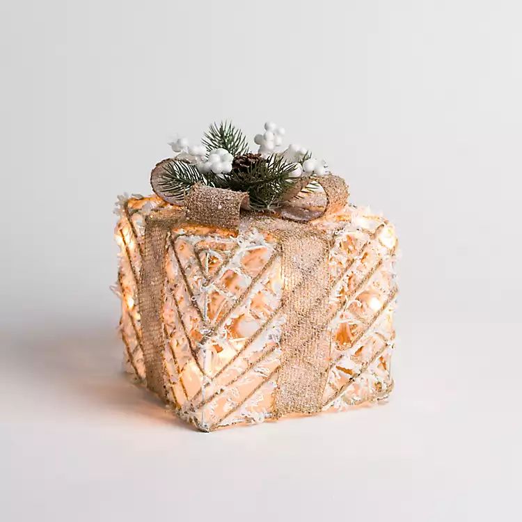 New! Pre-lit Neutral Burlap Gift Box, 8 in. | Kirkland's Home