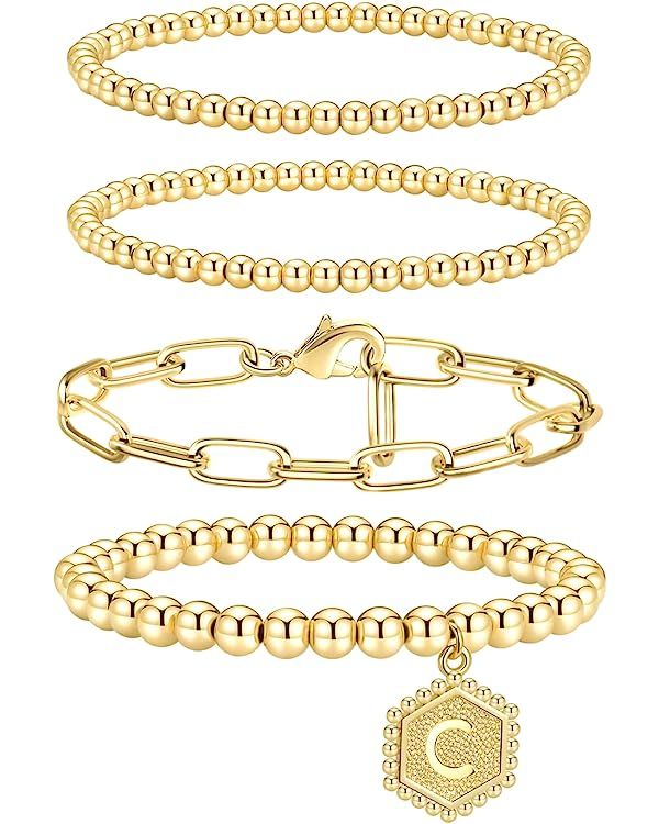 Doubgood Gold Beaded Bracelets for Women, Stackable Gold Bracelets for Women Men 14K Real Gold Pl... | Amazon (US)