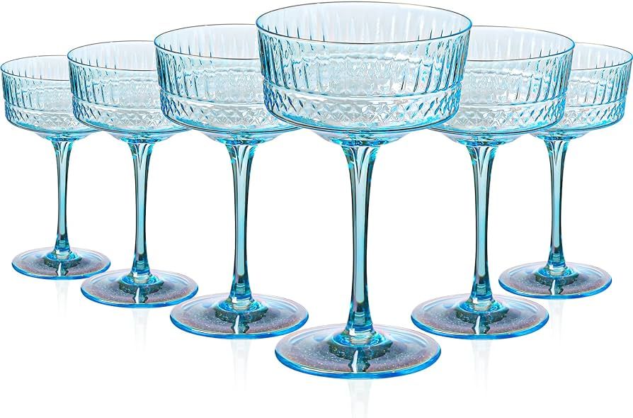 Physkoa Vintage Blue Coupe Glasses Set of 6, 9.5oz Ribbed Coupe Cocktail Martini Glasses for Cock... | Amazon (US)